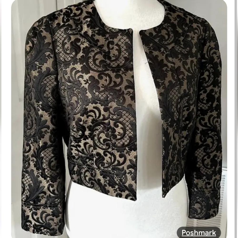 Loft Ann Taylor Women Embroidered Blazer Black-Gold Cropped‎ Jacket Sz6